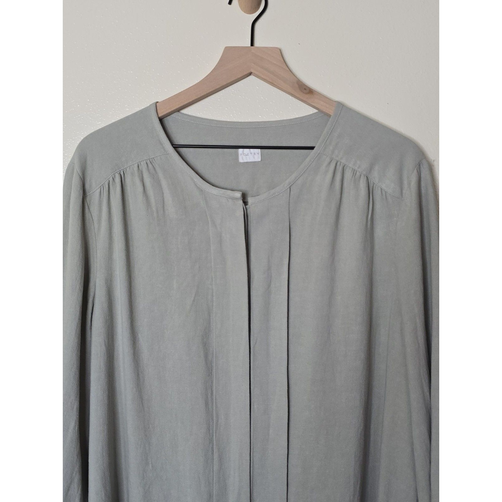 Poetry Ecovero Viscose & Linen Blouse Womens 18 Sage Green Collarless Shirt — image 3 of 8